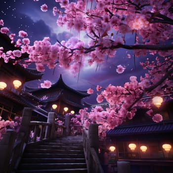 Cherry blossoms, wooden steps of Russian lam temple. At night. Chinese New Year celebrations. A time of celebration and resolutions.