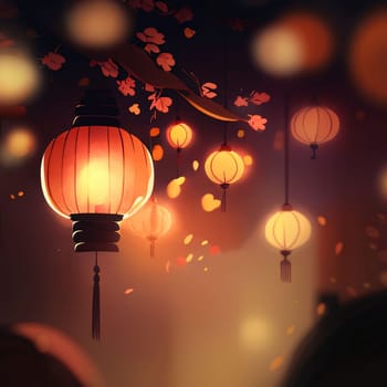 Drawing illustration, hanging glowing colorful Chinese Lanterns. Chinese New Year celebrations. A time of celebration and resolutions.