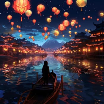 A man sailing a boat around Chinese temples decorated with lanterns at night. Chinese New Year celebrations. A time of celebration and resolutions.