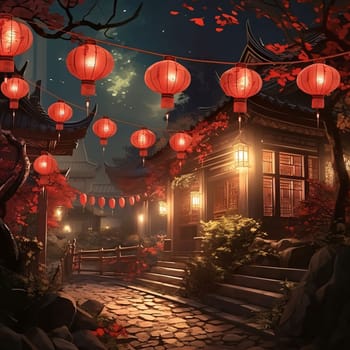 Chinese temple and hanging red Lanterns at night. Chinese New Year celebrations. A time of celebration and resolutions.