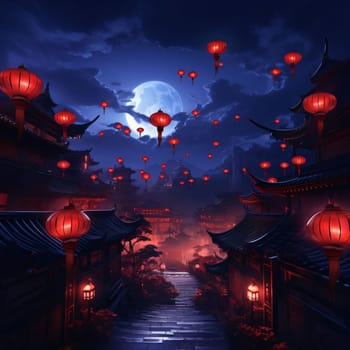 Full moon Chinese temple, road and hanging red Chinese Lanterns. Chinese New Year celebrations. A time of celebration and resolutions.