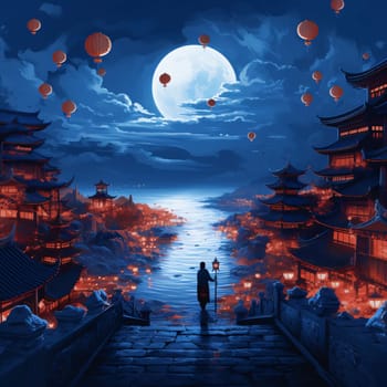 A lone man walking around Chinese temples and hanging Lanterns at night. Chinese New Year celebrations. A time of celebration and resolutions.
