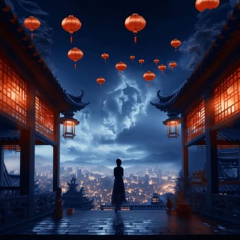 Silhouette of a woman against the background of the city, with Chinese temples and lanterns all around. Chinese New Year celebrations. A time of celebration and resolutions.
