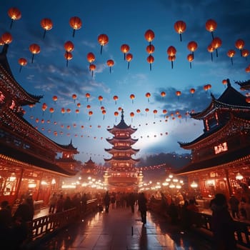 Red Chinese lanterns, around hundreds of people and temples. Chinese New Year celebrations. A time of celebration and resolutions.