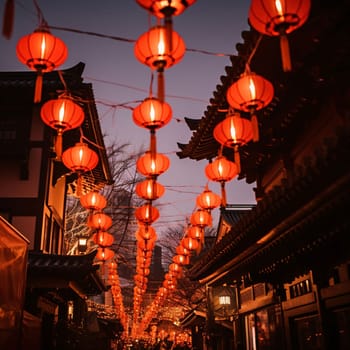 Hanging red Chinese Lanterns around temples and wooden decorations. Chinese New Year celebrations. A time of celebration and resolutions.