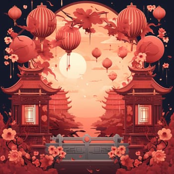 Illustration of Chinese red Lanterns, cherry blossoms and temples. Chinese New Year celebrations. A time of celebration and resolutions.
