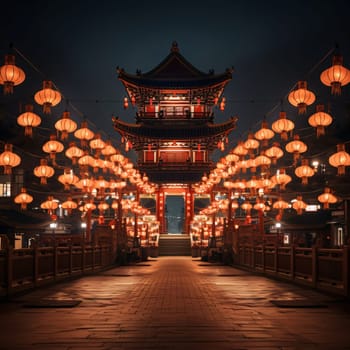 Chinese tourist attractions, hundreds of red glowing lanterns and a Chinese temple. Chinese New Year celebrations. A time of celebration and resolutions.