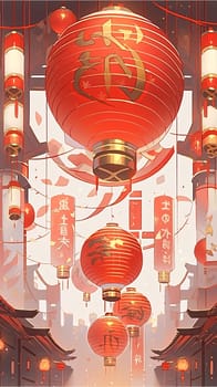 Illustration of red colored Chinese lanterns with inscriptions on white background. Chinese New Year celebrations. A time of celebration and resolutions.