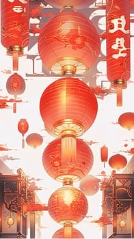 Illustration of red colored Chinese lanterns with inscriptions on white background. Chinese New Year celebrations. A time of celebration and resolutions.