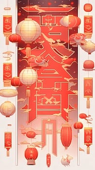 Illustration of red colored Chinese lanterns with inscriptions on white background. Chinese New Year celebrations. A time of celebration and resolutions.