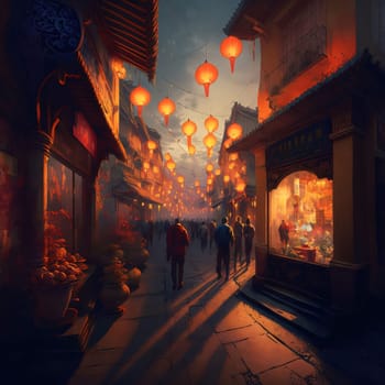 Illustration of evening time, people strolling and hanging Chinese Lanterns. Chinese New Year celebrations. A time of celebration and resolutions.