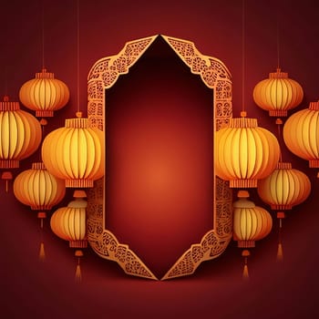 Red card with space for your own decoration content with Chinese lanterns. Chinese New Year celebrations. A time of celebration and resolutions.