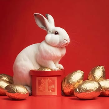 White bunny and golden eggs on a red background. Chinese New Year celebrations. A time of celebration and resolutions.