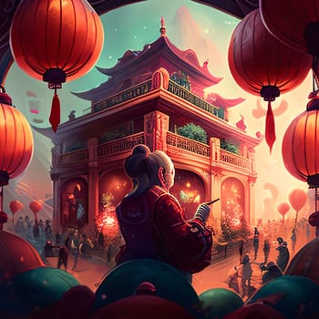 Illustration of Chinese temple and red Lanterns. Chinese New Year celebrations. A time of celebration and resolutions.