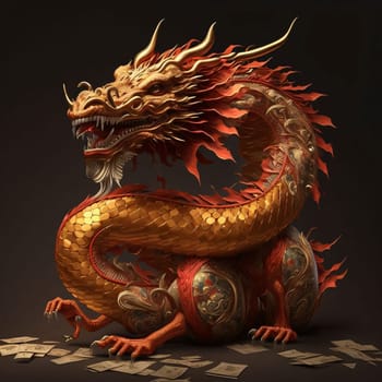 Large golden dragon with paws holding money uniform dark background. Chinese New Year celebrations. A time of celebration and resolutions.