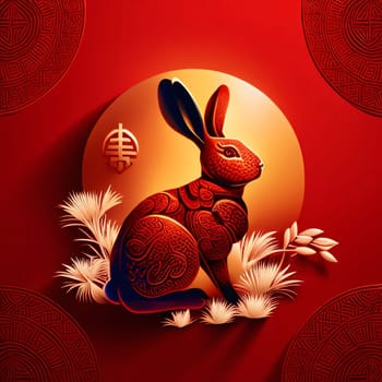 Red, Decorated bunny on gold circle, red background. Chinese New Year celebrations. A time of celebration and resolutions.