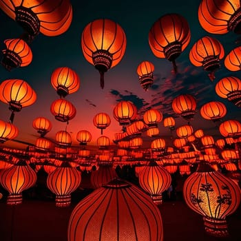 Hundreds of red glowing lanterns drift toward the sky at sunset. Chinese New Year celebrations. A time of celebration and resolutions.