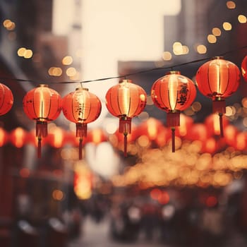 Red Chinese Lanterns on smudged background with bokech effect. Chinese New Year celebrations. A time of celebration and resolutions.