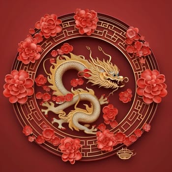 Chinese dragon symbol in decorated circle with Cherry Blossoms red background. Chinese New Year celebrations. A time of celebration and resolutions.