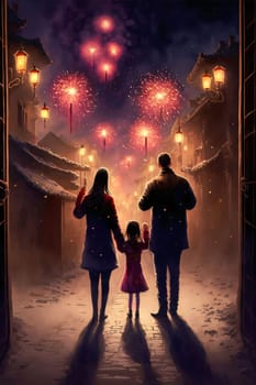 A family on a walk watching a fireworks show in the night sky rear view. Chinese New Year celebrations. A time of celebration and resolutions.