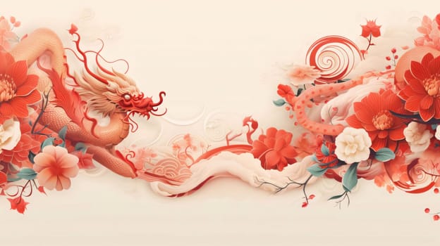 Chinese red dragon and cherry blossoms, white background. Banner with space for your own content. Blank space for the inscription. Chinese New Year celebrations. A time of celebration and resolutions.