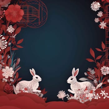 Dark card with rabbits and cherry blossoms. Banner with space for your own content. Blank space for the inscription. Chinese New Year celebrations. A time of celebration and resolutions.
