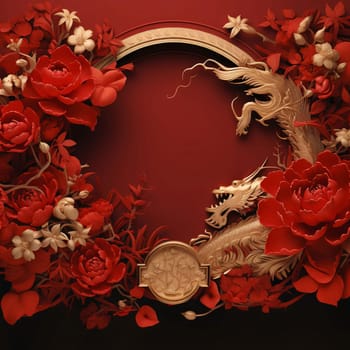 Red card with dragon and cherry blossoms. Banner with space for your own content. Blank space for the inscription. Chinese New Year celebrations. A time of celebration and resolutions.