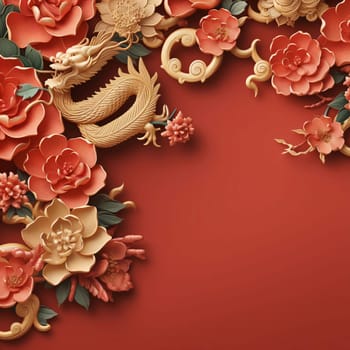 Red card with dragon and cherry blossoms. Banner with space for your own content. Blank space for the inscription. Chinese New Year celebrations. A time of celebration and resolutions.