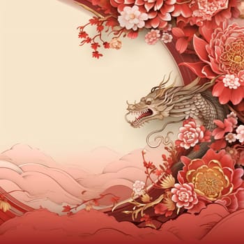 Pink card with a dragon and cherry blossoms. Banner with space for your own content. Blank space for the inscription. Chinese New Year celebrations. A time of celebration and resolutions.