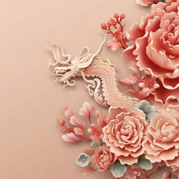 Pink card with a dragon and cherry blossoms. Banner with space for your own content. Blank space for the inscription. Chinese New Year celebrations. A time of celebration and resolutions.