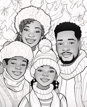 Black and White coloring page, black family wearing hats and scarves. Celebrating Black History Month! African-American History Month!