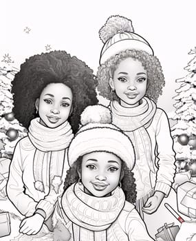 Black and White coloring page, black family wearing hats and scarves. Celebrating Black History Month! African-American History Month!