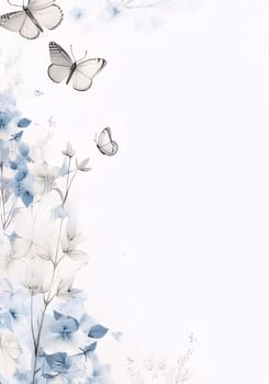 Beautiful spring illustration: Watercolor background with hydrangea flowers, leaves and butterfly