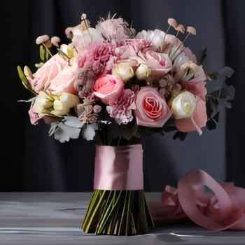 Bouquet of bright roses, flowers tied with a ribbon on a dark background. Flowering flowers, a symbol of spring, new life. A joyful time of nature waking up to life.