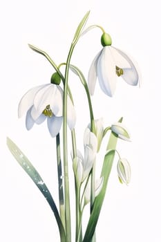 Painted, drawn, illustration, white lily flowers with green leaves on white isolated background. Flowering flowers, a symbol of spring, new life. A joyful time of nature waking up to life.