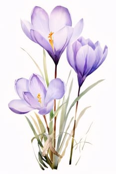 Drawn, purple crocus flower on isolated white background. Flowering flowers, a symbol of spring, new life. A joyful time of nature waking up to life.