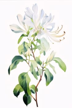 Drawn, painted white lily flower on isolated white background. Flowering flowers, a symbol of spring, new life. A joyful time of nature waking up to life.