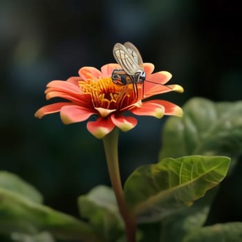 Pink flower with bee, dark smudged background. Flowering flowers, a symbol of spring, new life. A joyful time of nature waking up to life.