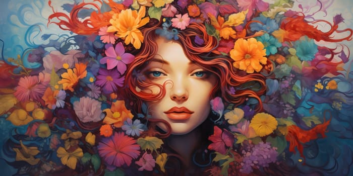 Illustration of the face of a young woman with colorful flowers woven into her hair. Flowering flowers, a symbol of spring, new life. A joyful time of nature awakening to life.