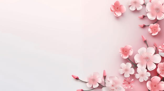 Bright blank background with space for your own content, banner. On the side decorations with pink cherry blossoms. Flowering flowers, a symbol of spring, new life. A joyful time of nature awakening to life.