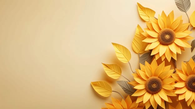 Bright blank background with space for your own content, banner. On the side decorations with yellow sunflowers. Flowering flowers, a symbol of spring, new life. A joyful time of nature awakening to life.
