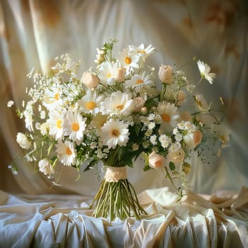 Bouquet of white flowers on bright wedding fabric. Flowering flowers, a symbol of spring, new life. A joyful time of nature awakening to life.