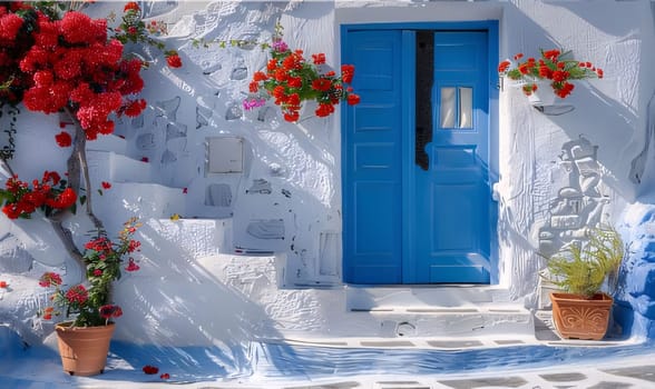 Greece, white walls of the house. Blue doors, decorations of red flowers. Flowering flowers, a symbol of spring, new life. A joyful time of nature awakening to life.