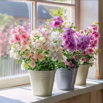 Colorful flowers in small buckets, on the windowsill, window in the background. Flowering flowers, a symbol of spring, new life. A joyful time of nature awakening to life.