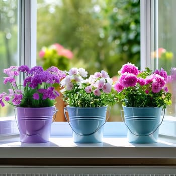 Colorful flowers in small buckets, on the windowsill, window in the background. Flowering flowers, a symbol of spring, new life. A joyful time of nature awakening to life.