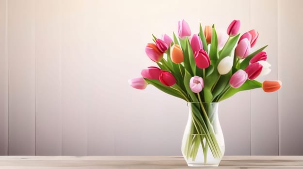 Banner, wooden boards and colorful tulips in a vase, a place for your own content. Flowering flowers, a symbol of spring, new life. A joyful time of nature waking up to life.