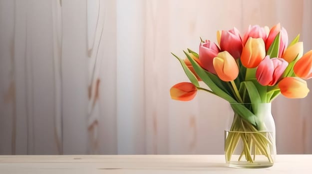 Banner, wooden boards and red tulips in a vase, space for your own content. Flowering flowers, a symbol of spring, new life. A joyful time of nature waking up to life.