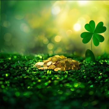 Green four-leaf clover scattered gold coins, bokeh effect banner with space for your own content. Green four-leaf clover symbol of St. Patrick's Day. Happy time of celebration in green color.