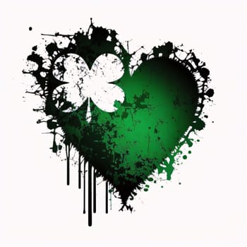 Green Black heart painted in paint with a four-leaf white clover on a white background.Green color symbol of St. Patrick's Day.A merry time of celebration in the green color.