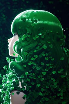 Illustration of long green hair of a young girl with green hearts.Green color symbol of St. Patrick's Day.A joyous time of celebration in green color.